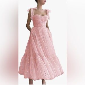 Prom Dress, mid length, pink, lace up back and tie straps